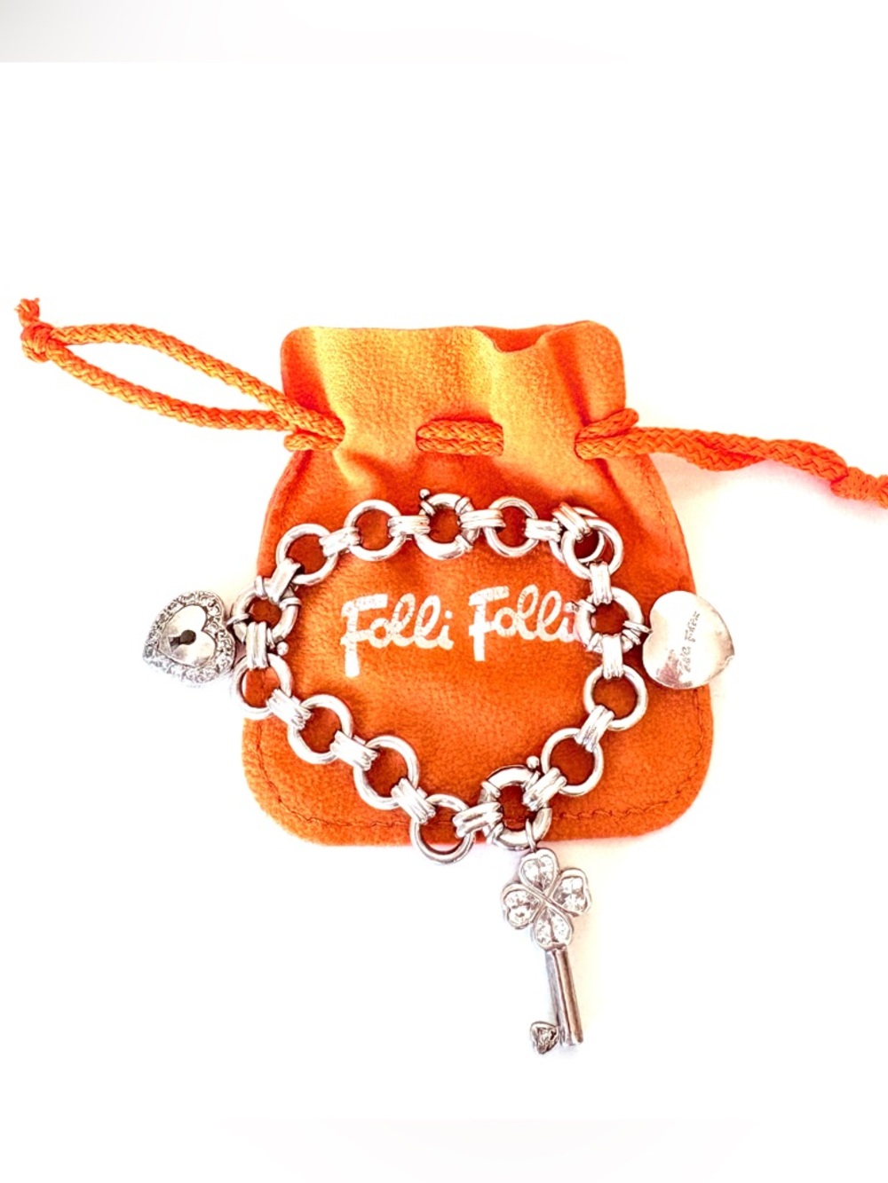 Folli Follie - Vintage Sterling Silver Charm Bracelet with Heart & Key Charms